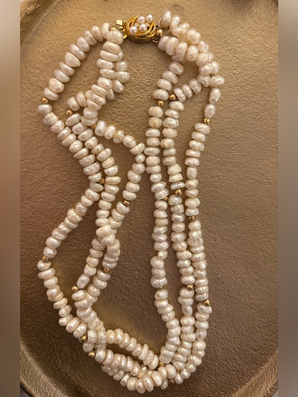 Vintage Multi-Strand Fresh Water Pearl Necklace with Gold Accents